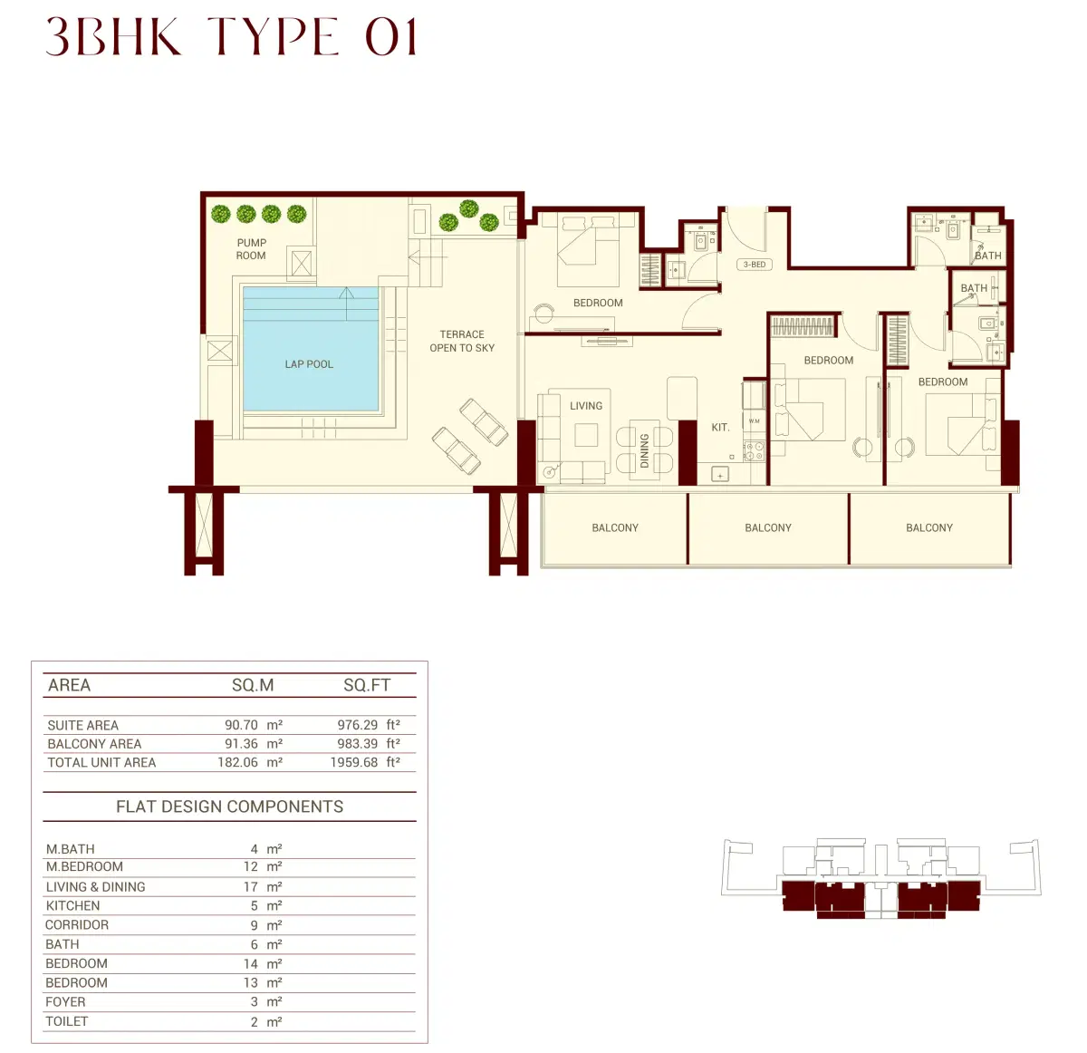 Binghatti Ruby At Jumeirah Village Circle 3 BR Apartment Floor Plan