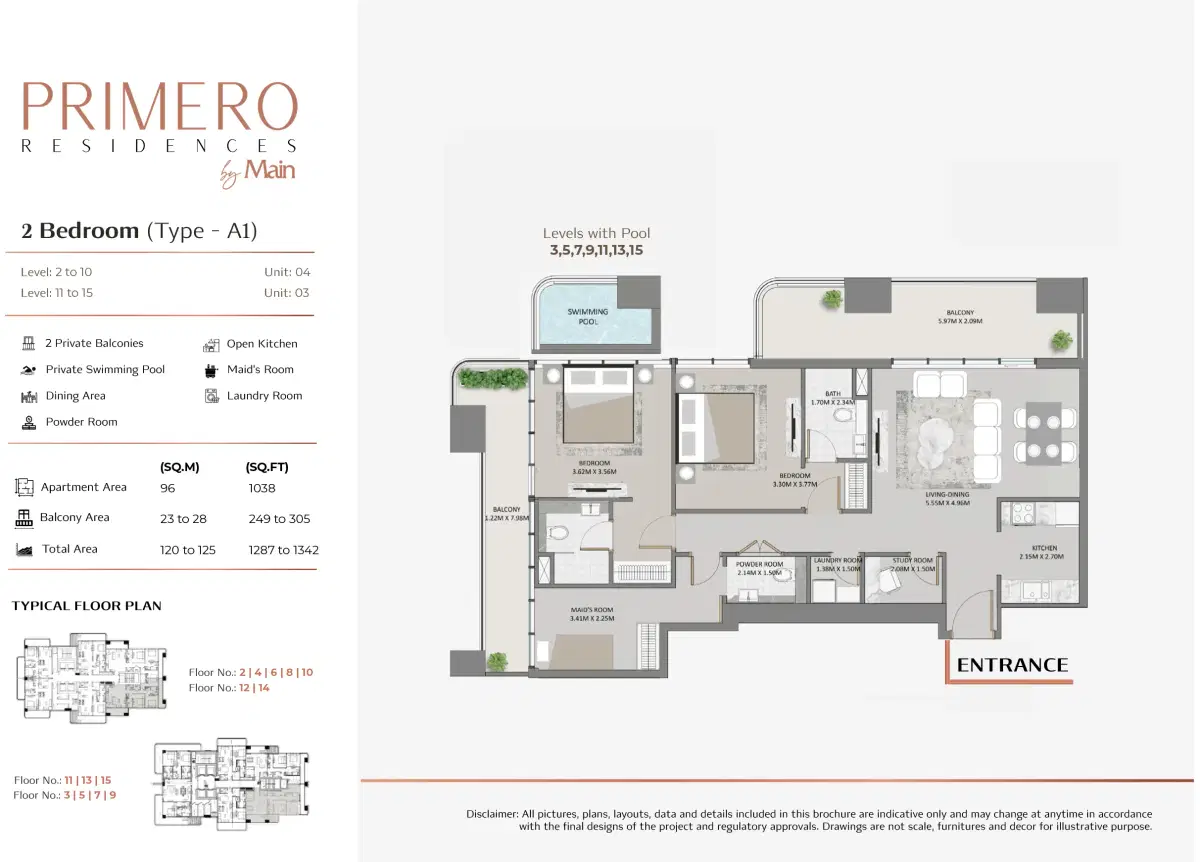 Primero Residences Main Realty Al Furjan 2 BR Apartments Floor Plan