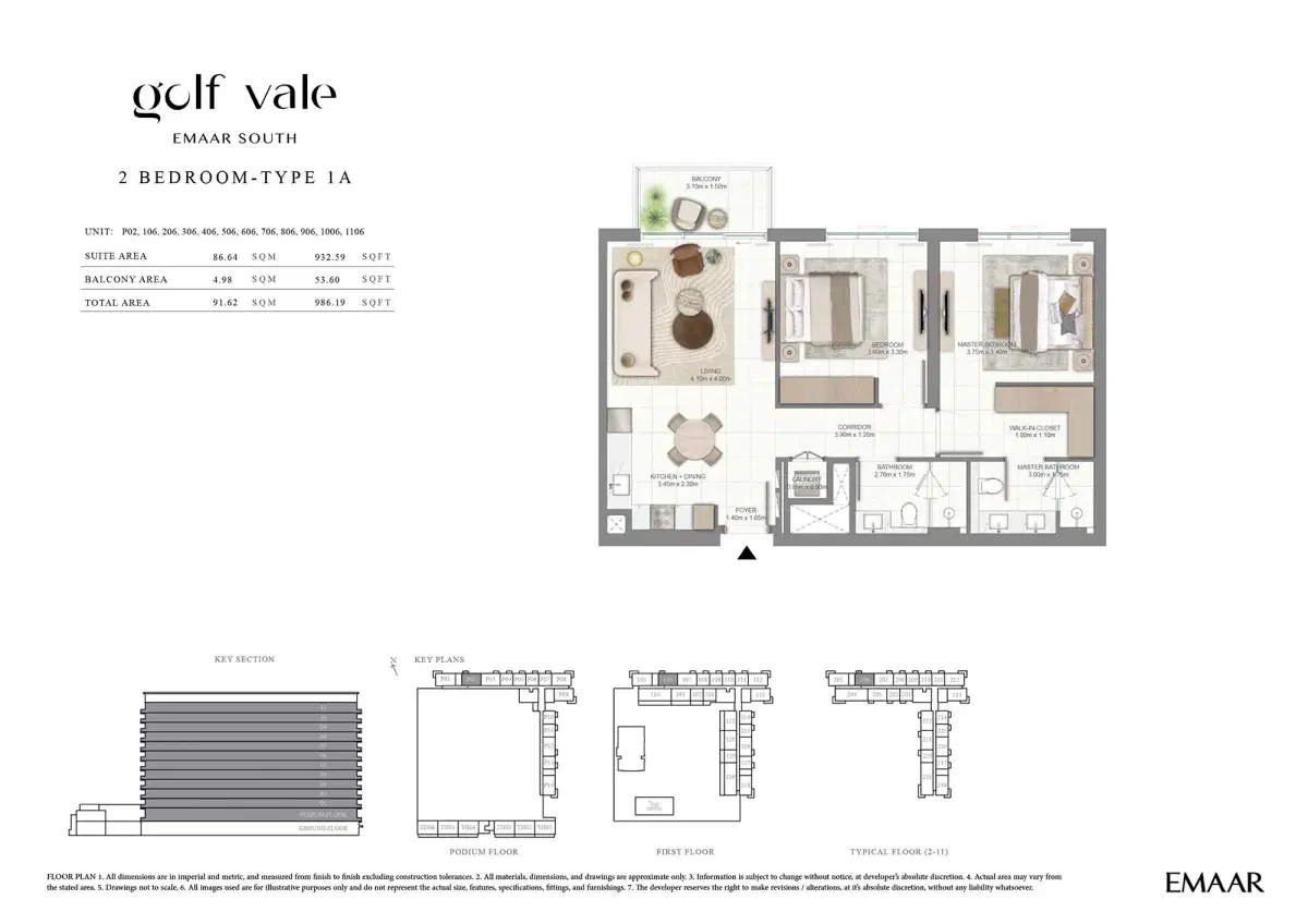 EMAAR Golf Vale Apartments & Townhouses at EMAAR South 2 BR Apartments Floor Plan