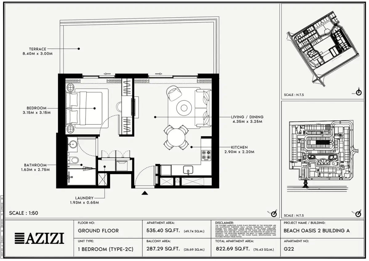 Azizi Beach Oasis 2 at Dubai Studio City 1 BR Apartments Floor Plan