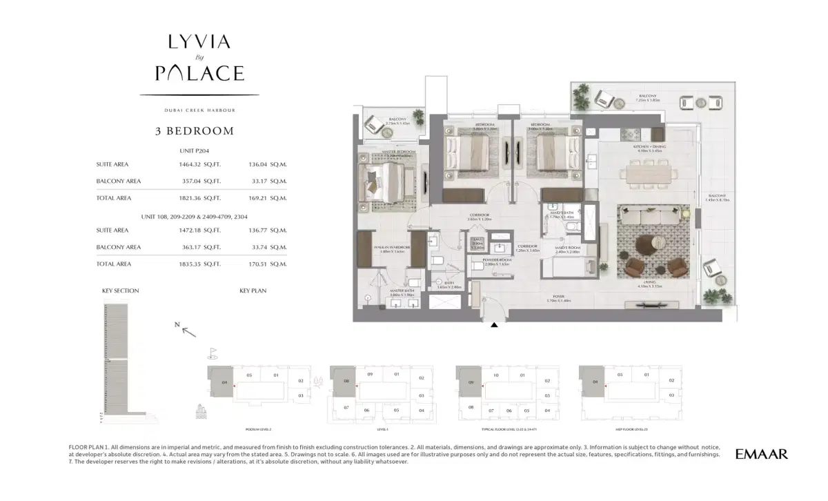 Emaar Lyvia by Palace at Dubai Creek Harbour 3 BR Apartment Floor Plan