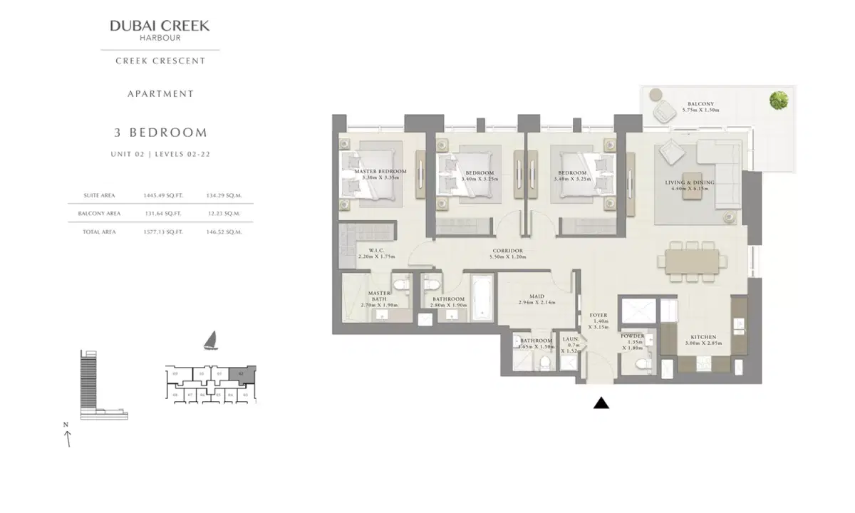 EMAAR Creek Crescent Apartments at Dubai Creek Harbour 3 Bedroom Apartments Floor Plan
