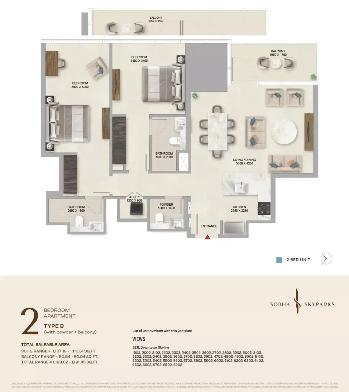 Sobha Skyparks Business Bay Dubai 2 BR Apartment Floor Plan 1,188 Sq. Ft.