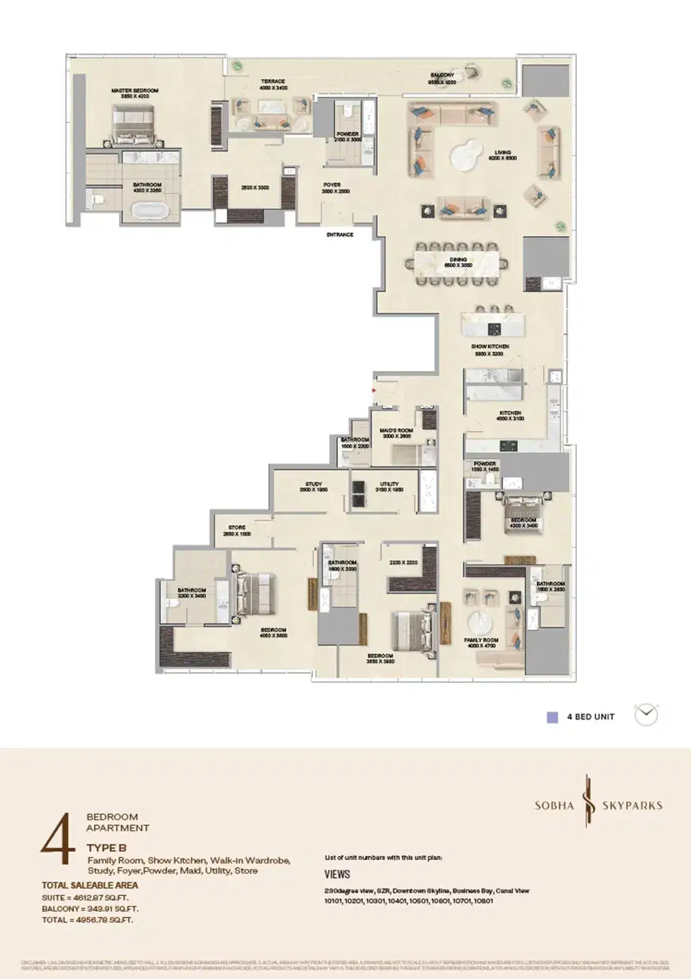 Sobha Skyparks Business Bay Dubai 4 BR Floor Plan 4,956 Sq. Ft.