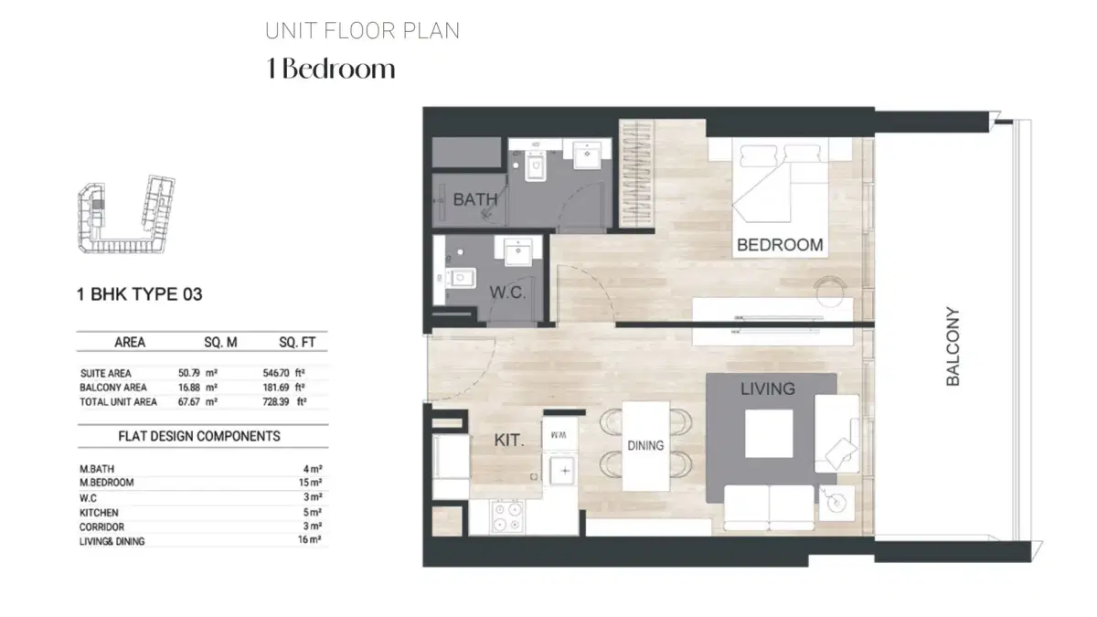 Binghatti Ghost Studios & Apartments at Al Jaddaf 1 BR Floor Plan 728 Sq. Ft.