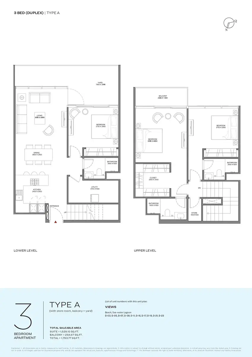 Sobha Selene Beach Residences Apartments at Siniya Island 3 BR Duplexes Floor Plan 1,793 Sq. Ft.
