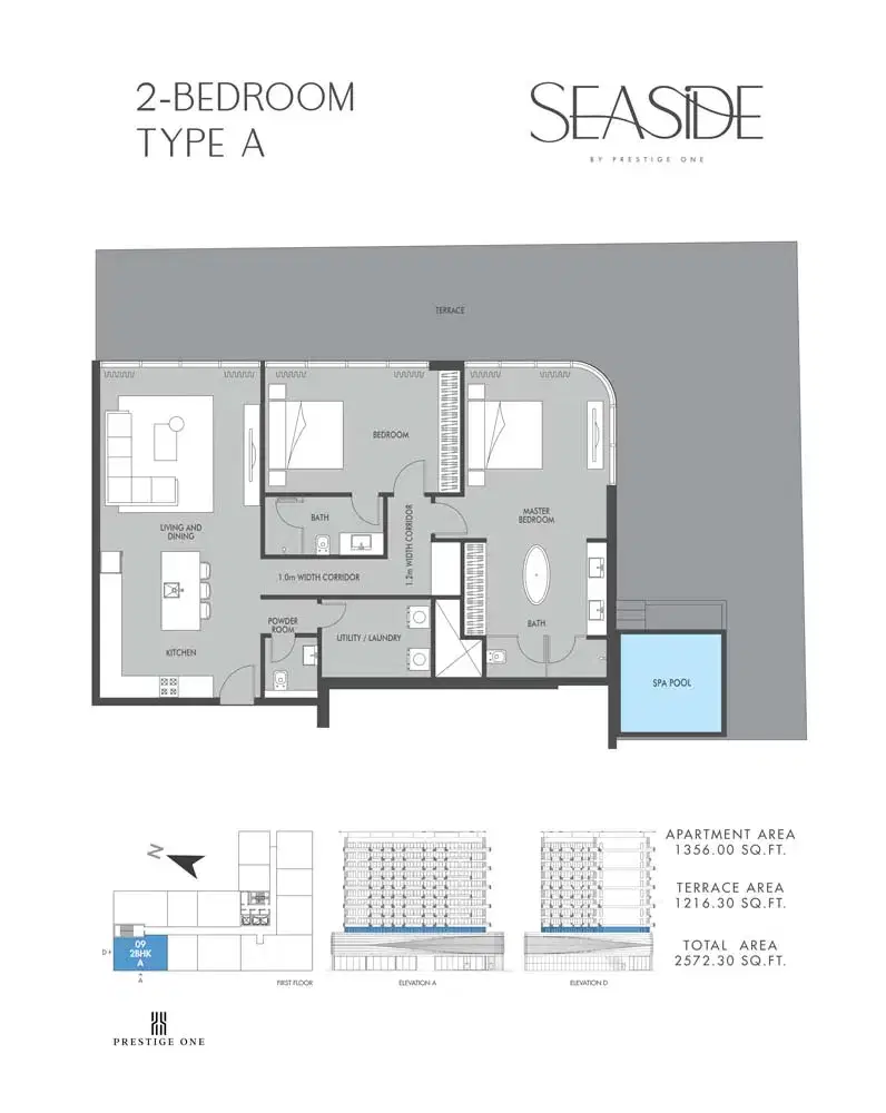 Prestige One Seaside Apartments at Dubai Islands 2 BR Floor Plan 2,572 Sq. Ft.