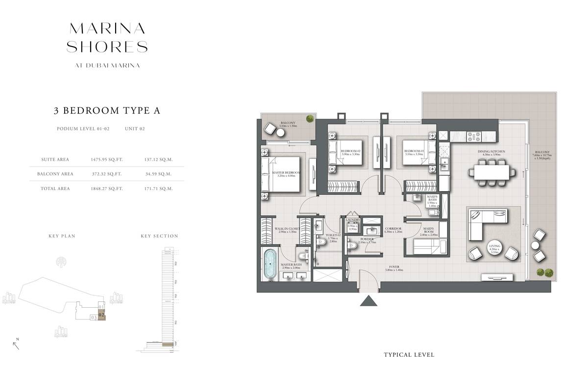 Emaar Marina Shores Apartments & Penthouses at Dubai Marina 3 Bedroom Apartments Floor Plan