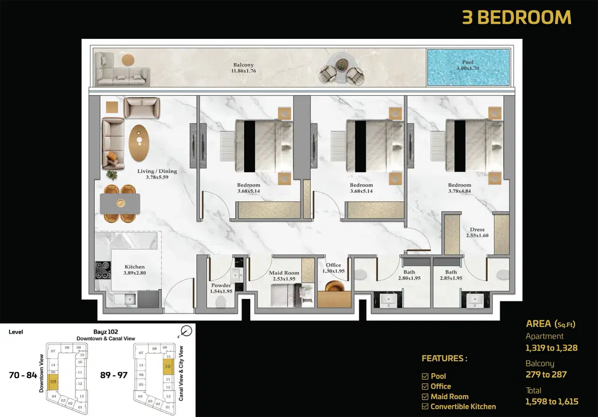Danube Bayz 102 at Business Bay Dubai 3 BR Floor Plan 1,615 Sq. Ft.