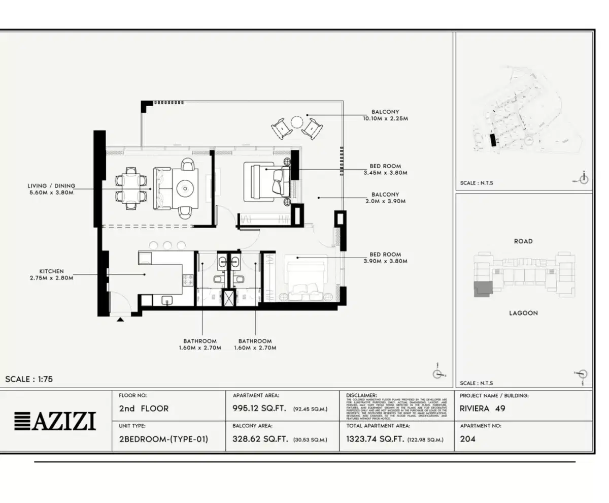 Azizi Riviera 49 at Meydan Dubai | Luxury Studios & Apartments 2 BR Apartment Floor Plan