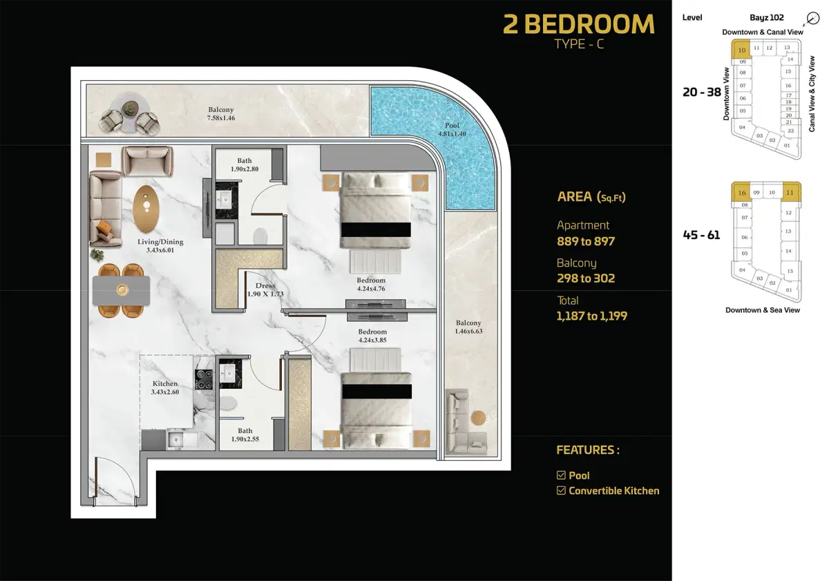 Danube Bayz 102 at Business Bay Dubai 2 BR Floor Plan 1,199 Sq. Ft.