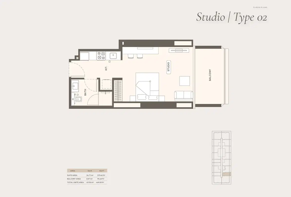 Binghatti Ivory Studios & Apartments at Al Jaddaf Dubai Studios Floor Plan 469 Sq. Ft.