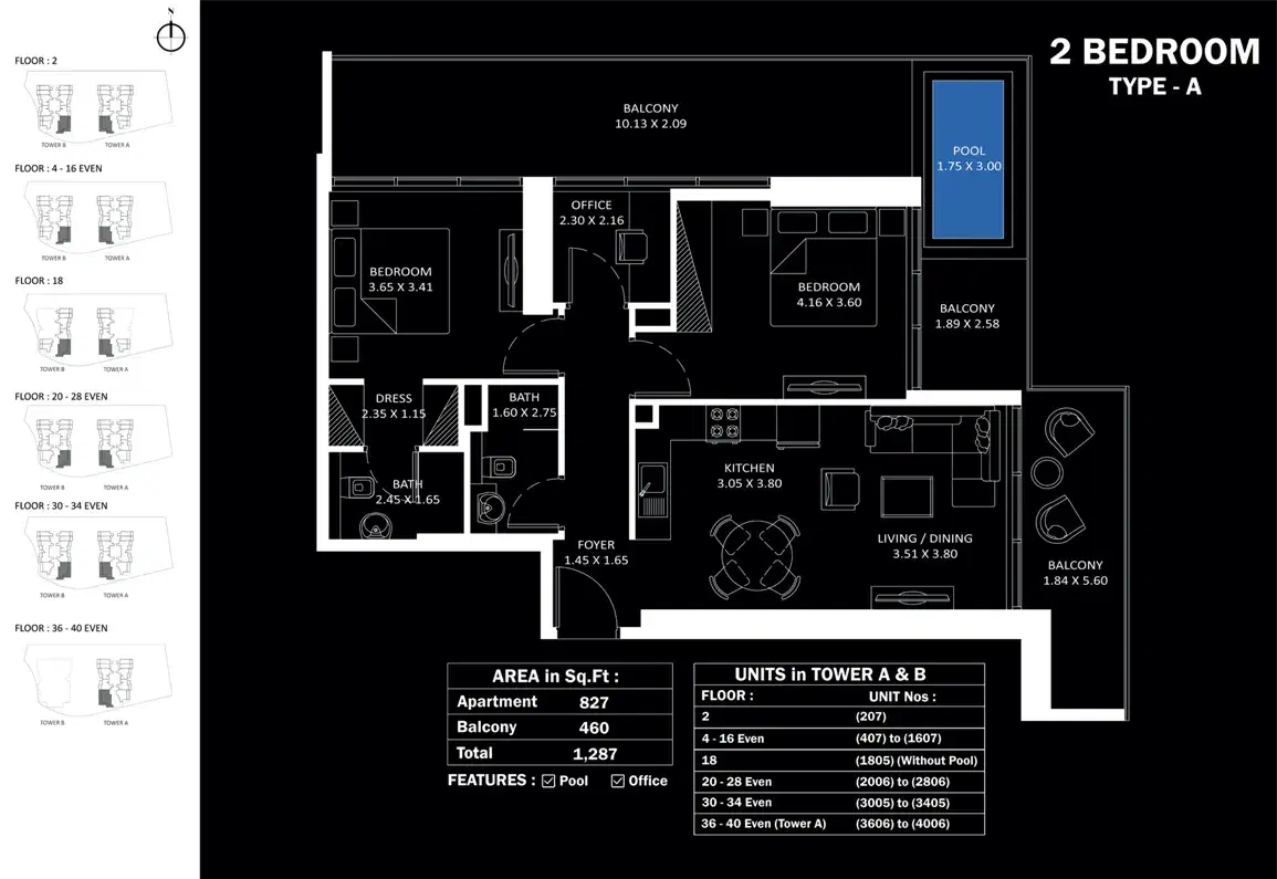 Danube Elitz 3 Studios & Apartments at JVC 2 BR Floor Plan 1,287 Sq. Ft.