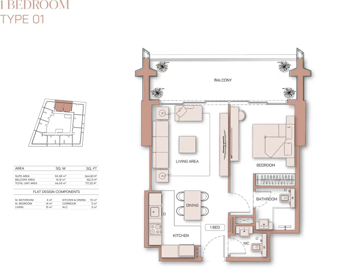 Binghatti Pinnacle Apartments Dubai at Al Jaddaf 1 BR Apartment Floor Plan