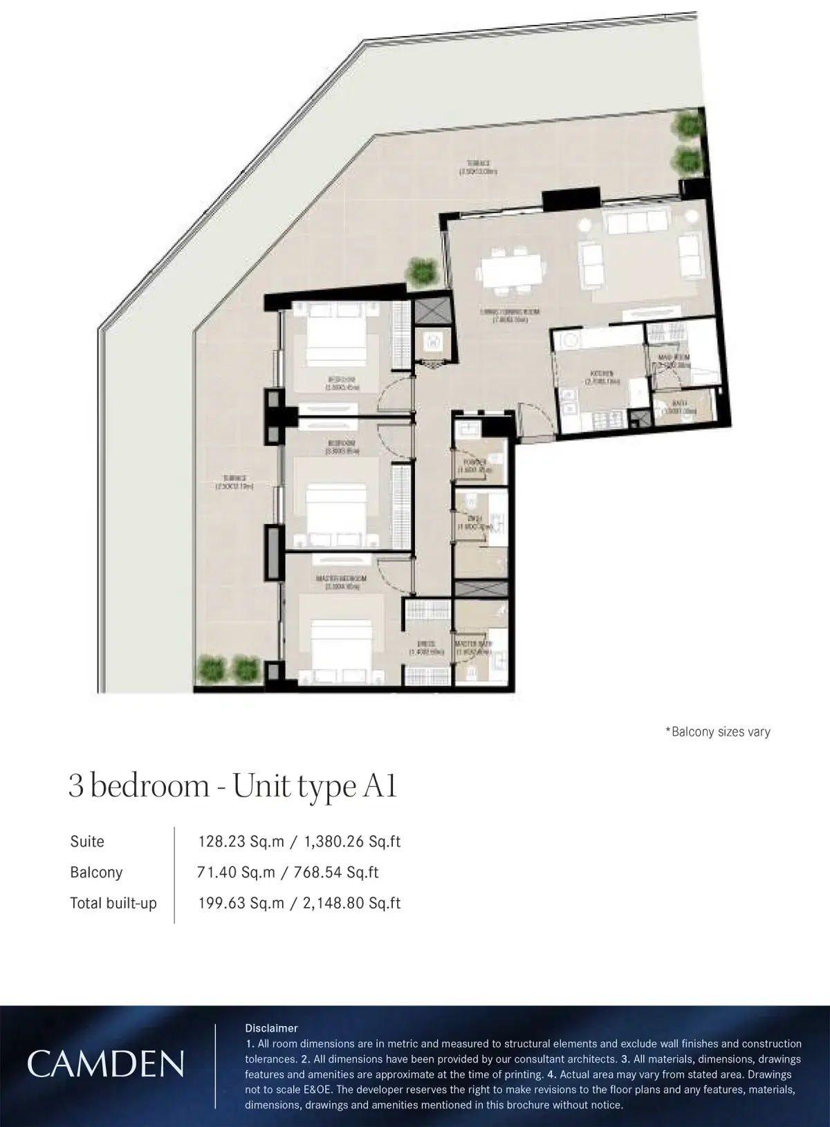 Nshama Camden Apartments at Town Square Dubai 3 BR Floor Plan 2,148 Sq. Ft.