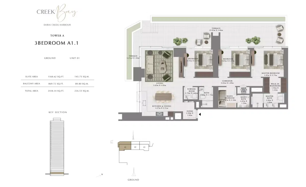 Emaar Creek Bay at Dubai Creek Harbour | Luxury Apartments 3 BR Apartment Floor Plan