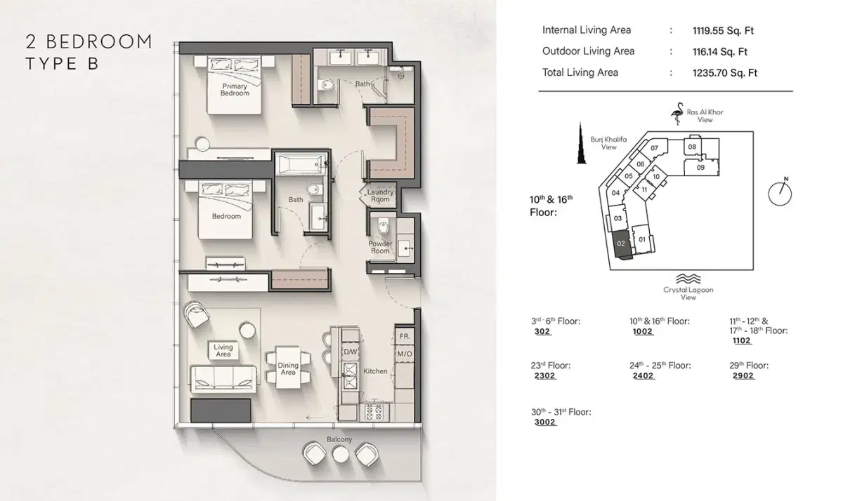Ellington Claydon House Meydan Dubai 2 BR Apartment Floor Plan