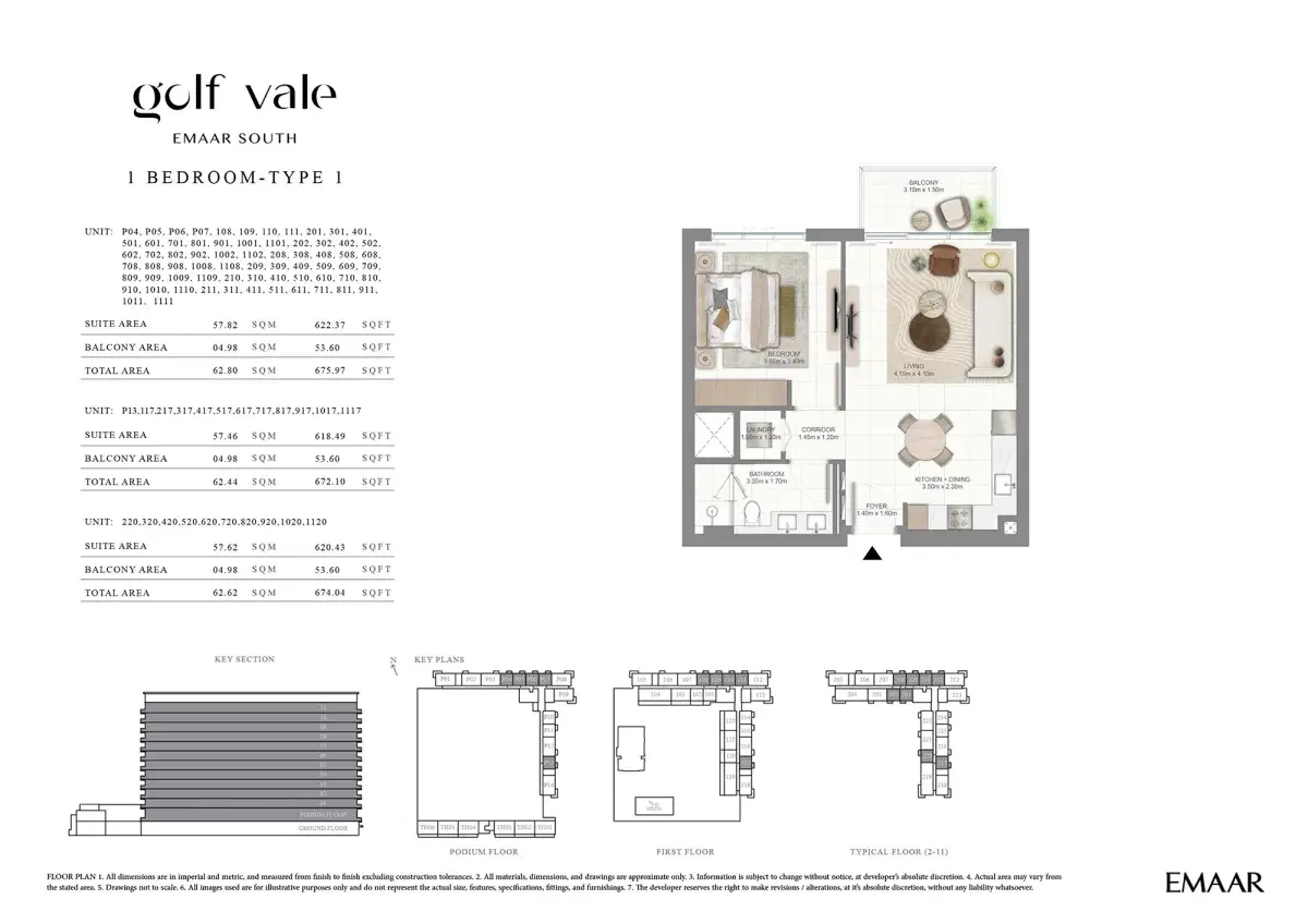 EMAAR Golf Vale Apartments & Townhouses at EMAAR South 1 BR Apartments Floor Plan