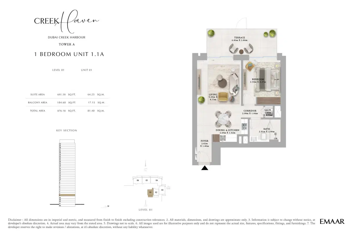 EMAAR Creek Haven At Dubai Creek Harbour | Luxury Apartments 1 BR Apartment Floor Plan