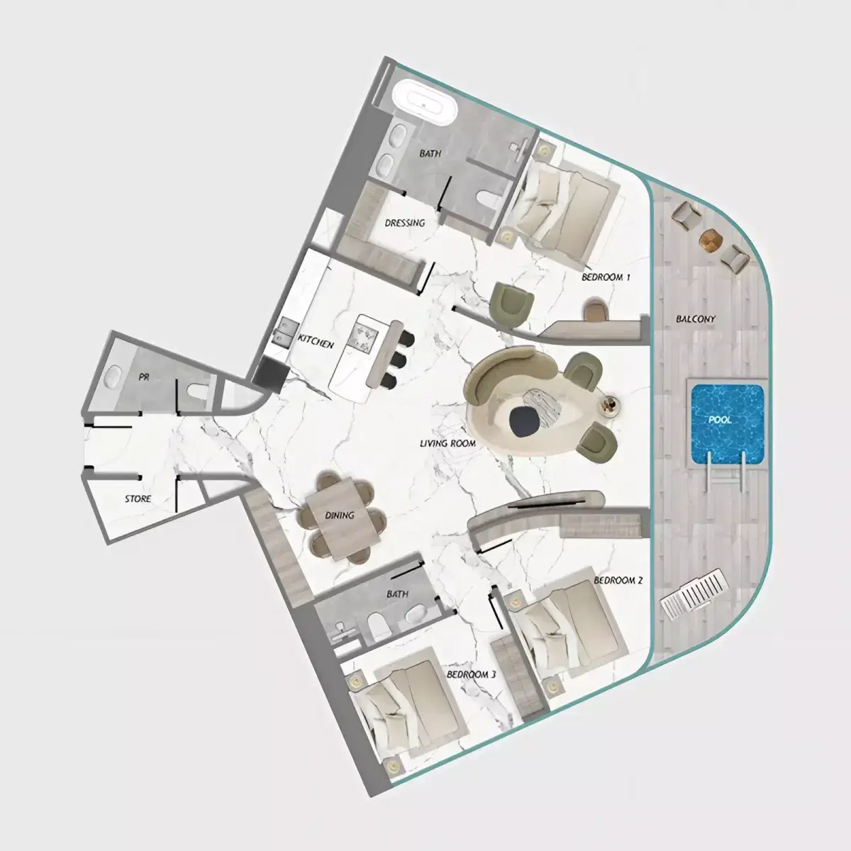 Samana Barari Heights at Majan, Dubailand | Luxury Property 3 BR Apartment Floor Plan