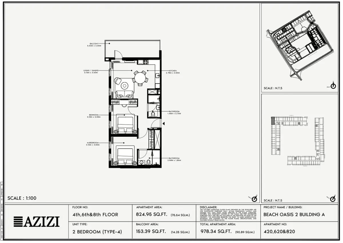 Azizi Beach Oasis 2 at Dubai Studio City 2 BR Apartments Floor Plan