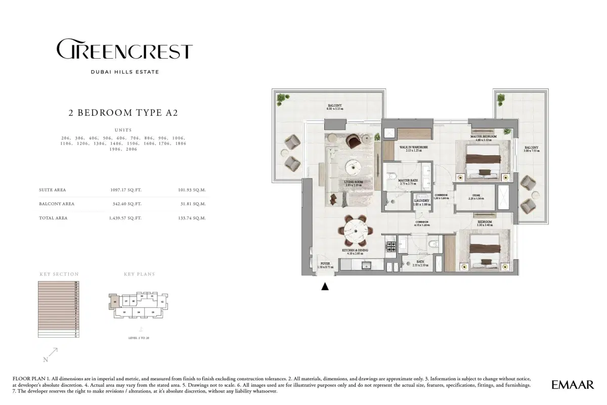 Emaar Greencrest At Dubai Hills Estate 2 BR Apartment Floor Plan