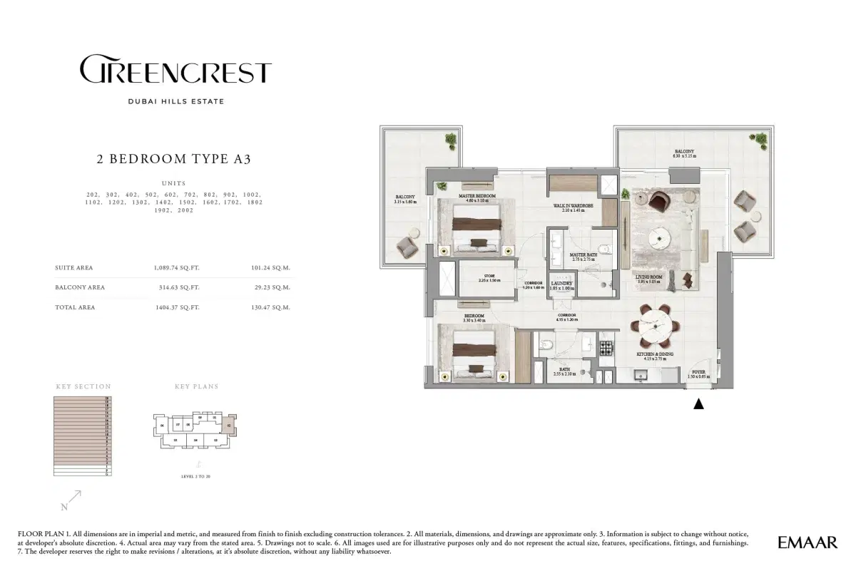 Emaar Greencrest At Dubai Hills Estate 2 BR Apartment Floor Plan