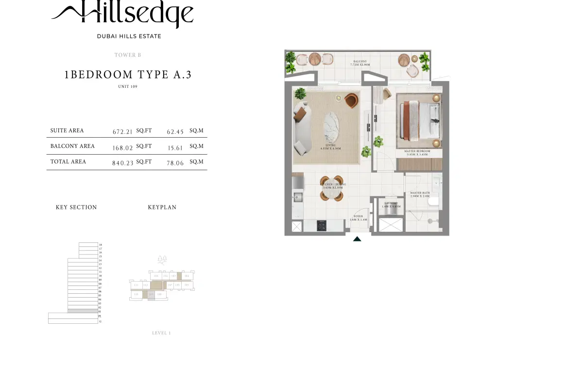 Emaar Hillsedge 2 at Dubai Hills Estate 1 Bedroom Apartment Floor Plan