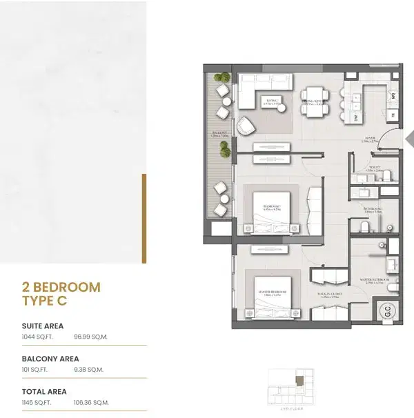 JRP Roma Residences Studios & Apartments in JVC Dubai 2 BR Floor Plan 1,145 Sq. Ft.