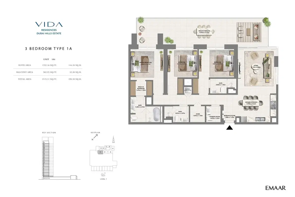 Emaar Vida Residences Dubai Hills Estate 3 BR Apartments Floor Plan