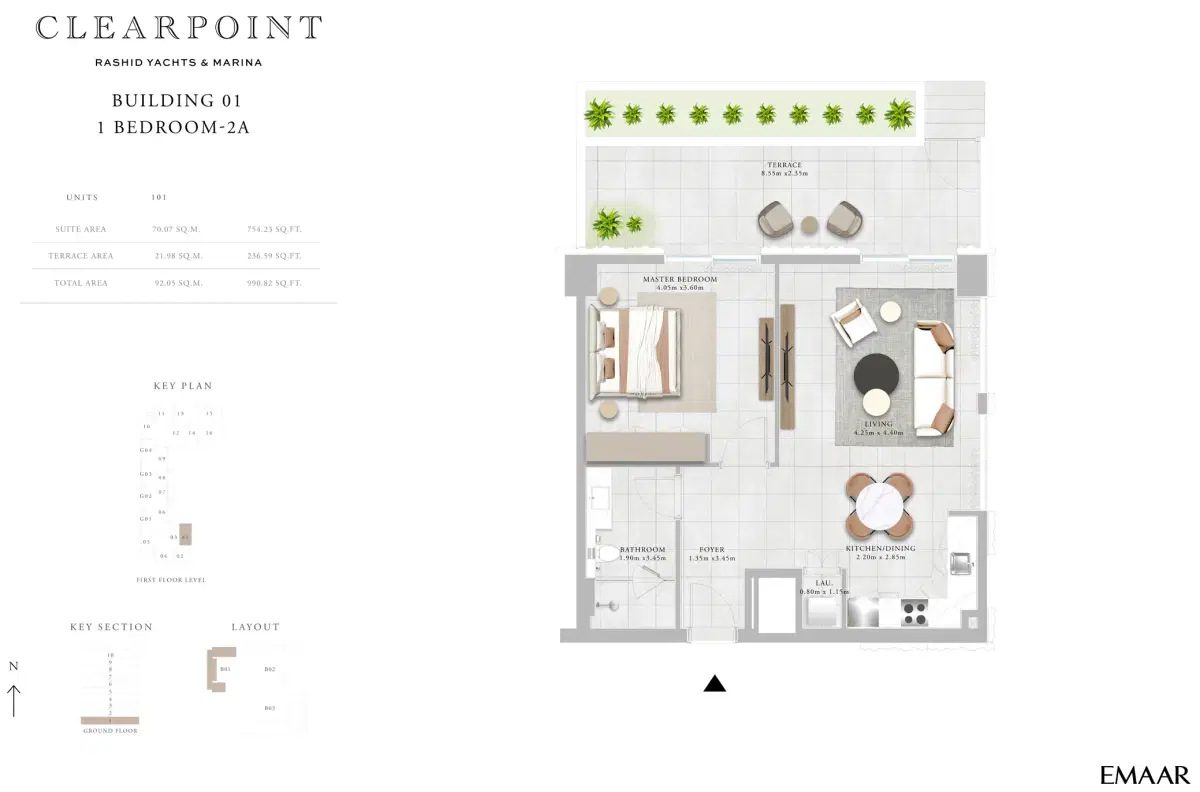 EMAAR Clearpoint Dubai 1 BR Floor Plan 990 Sq. Ft.