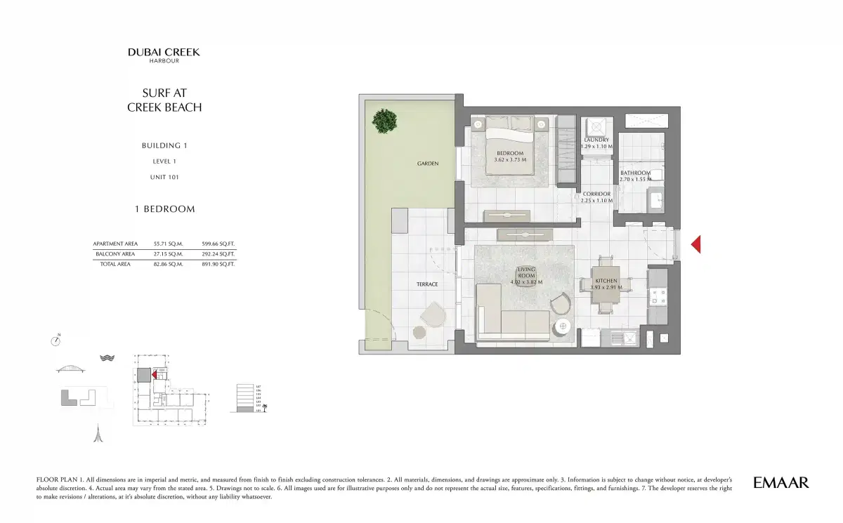 Dubai Creek Harbour Surf 1 Bedroom Apartments Floor Plan