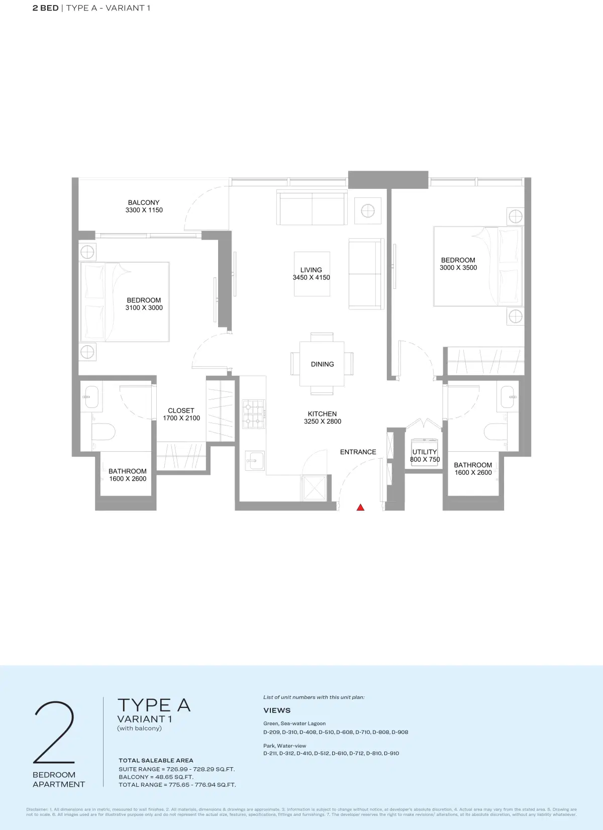 Sobha Coastline Beach Residences At Siniya Island 2 Bedroom Appartment Type-A Floor Plan