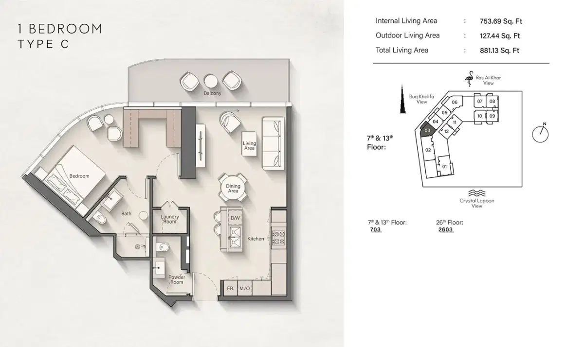 Ellington Claydon House Meydan Dubai 1 BR Apartments Floor Plan