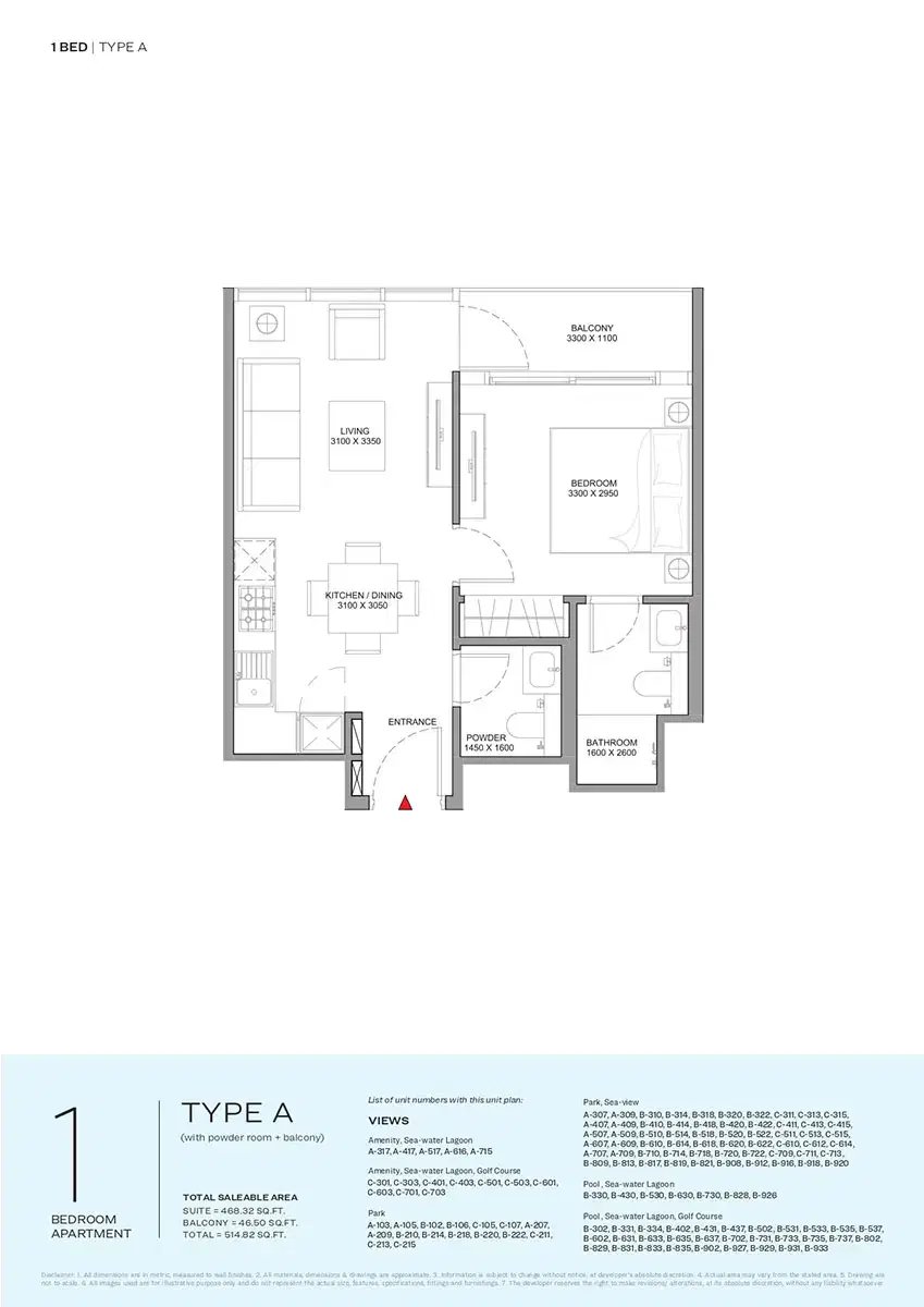 Sobha Selene Beach Residences Apartments at Siniya Island 1 BR Apartment Floor Plan 514 Sq. Ft.