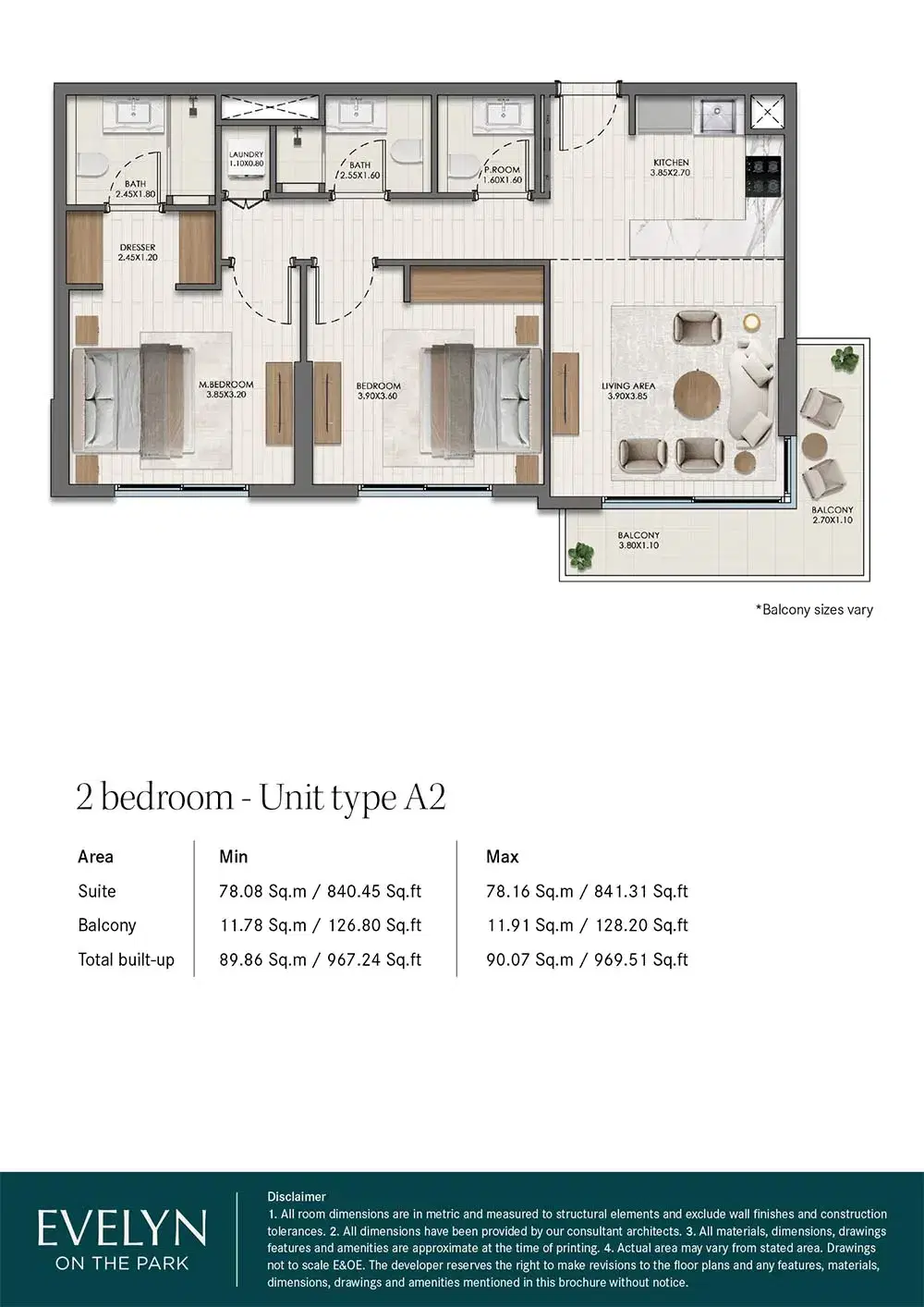 Nshama Evelyn on the Park at Town Square Dubai 2 BR Floor Plan 969 Sq. Ft.