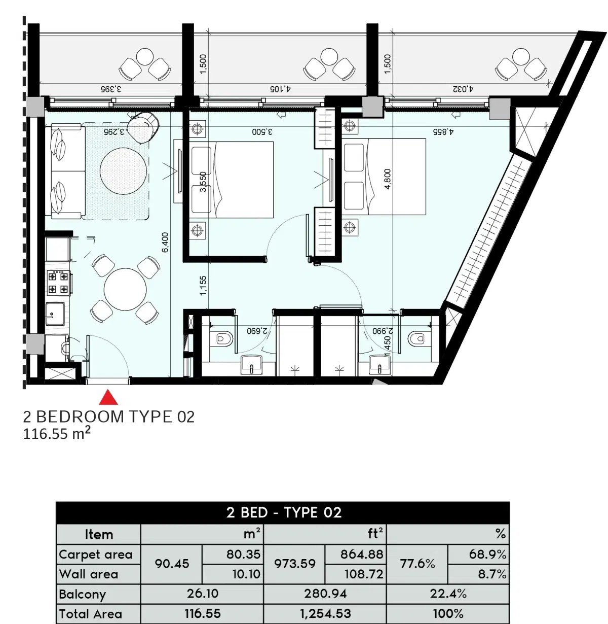 Azizi Arian at Jebel Ali Dubai 2 BR Appartment Floor Plan