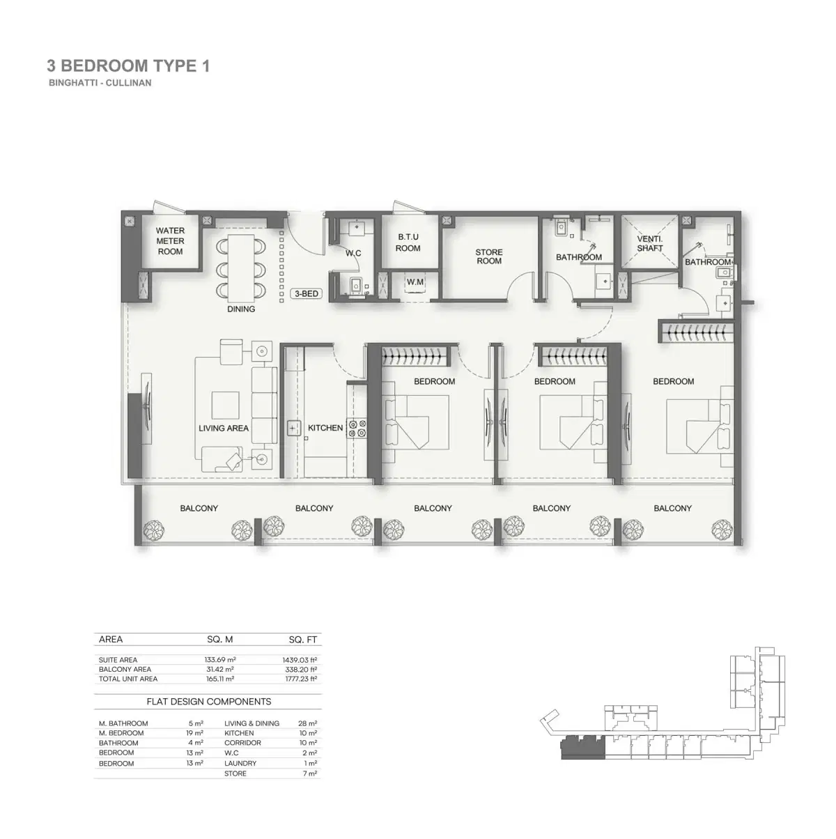 Binghatti Cullinan at Al Jaddaf | Luxury Studio & Apartments 3 BR Apartment Floor Plan