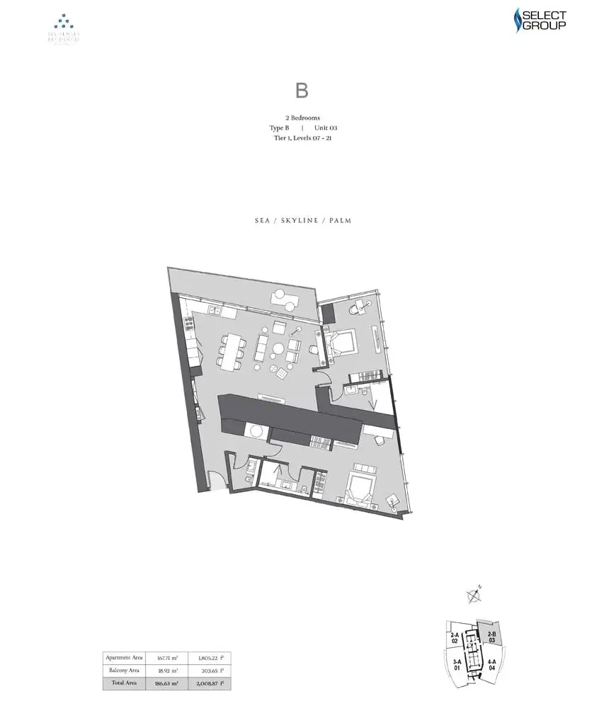 Select Group Six Senses Residence at Dubai Marina 2 BR Floor Plan 2,008 Sq. Ft.