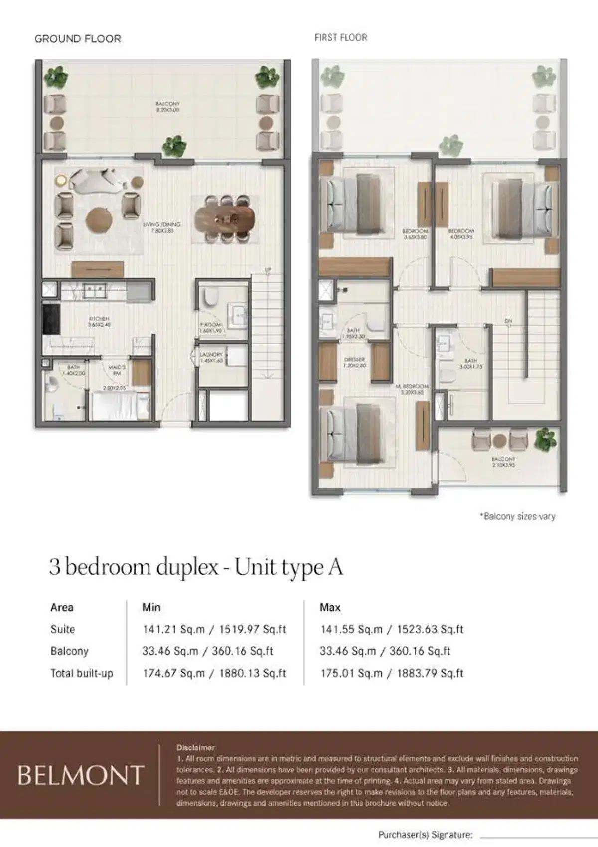 Belmont by Nshama at Town Square Dubai 3 BR Floor Plan 1,884 Sq. Ft.