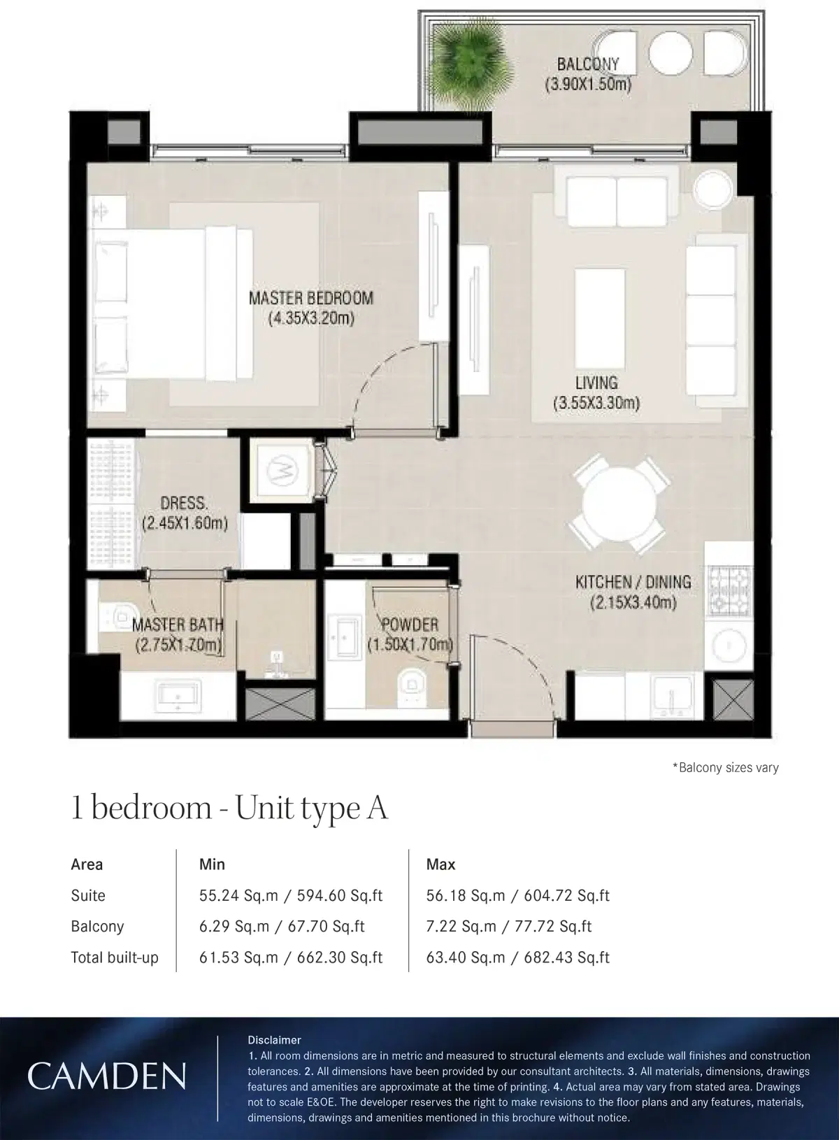 Nshama Camden Apartments at Town Square Dubai 1 BR Floor Plan 682 Sq. Ft.