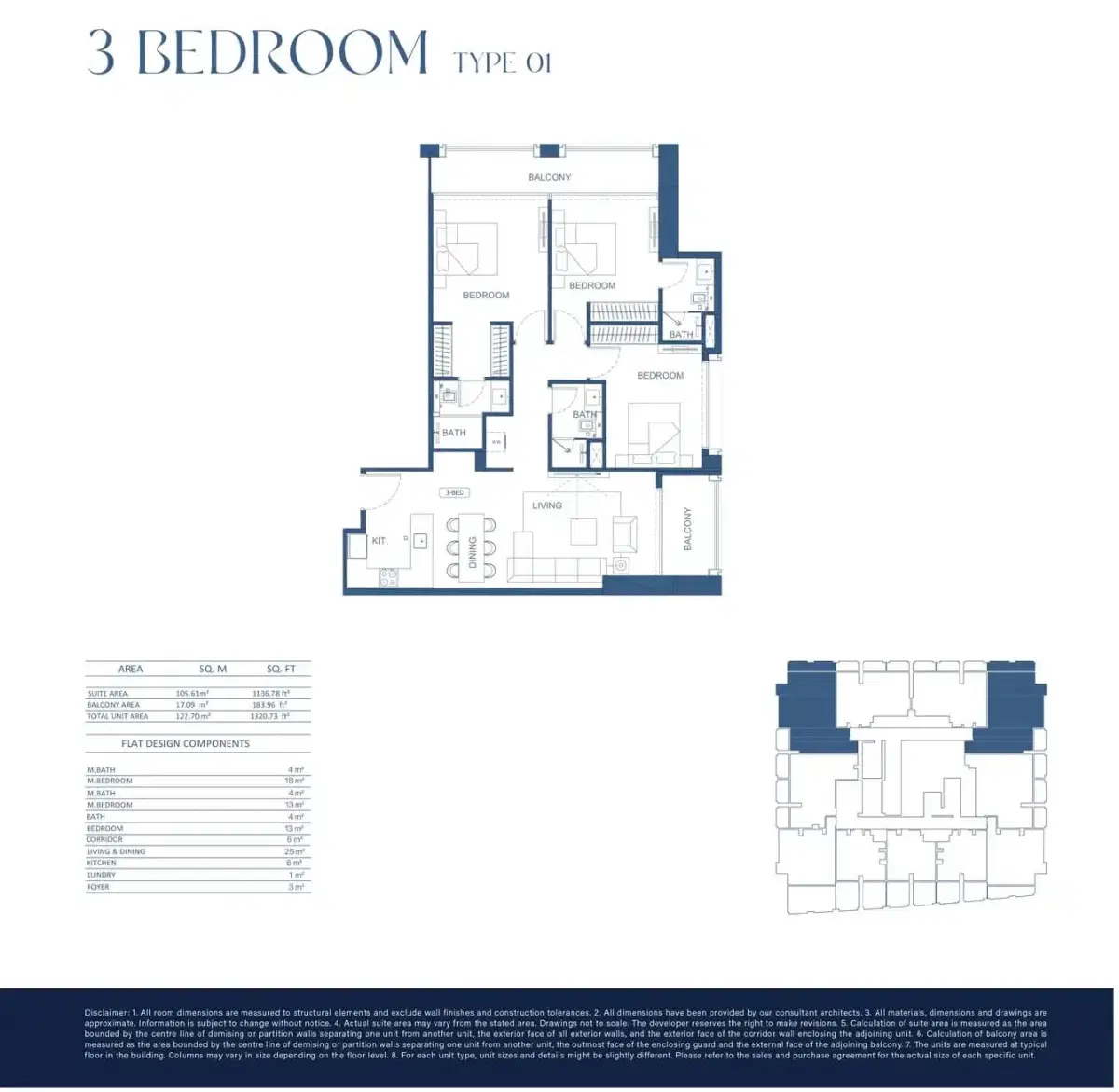 Binghatti Twilight Apartments at Al Jaddaf Dubai 3 BR Floor Plan 1,320 Sq. Ft.
