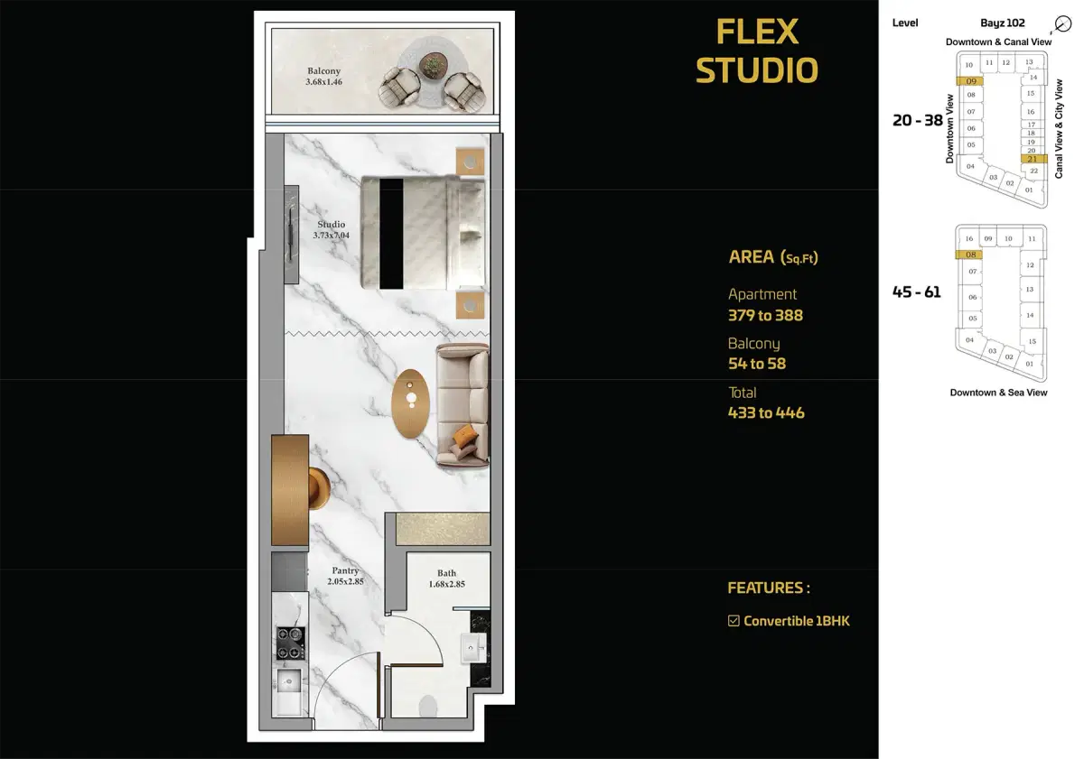 Danube Bayz 102 at Business Bay Dubai Studios Floor Plan 446 Sq. Ft.