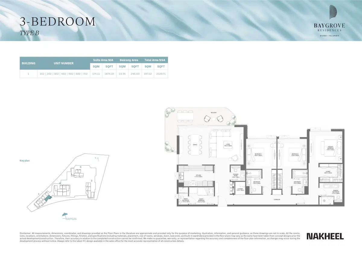 Nakheel Bay Grove Residences at Dubai Islands 3 BR Apartments Floor Plan