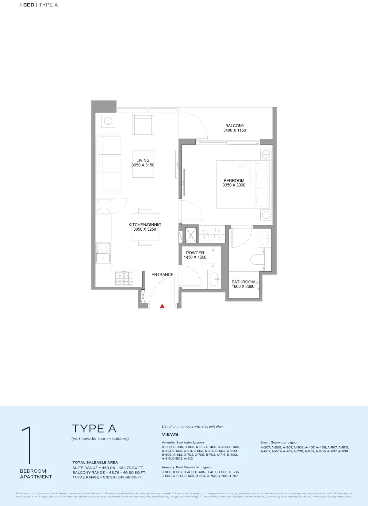 Florine Beach Residences At Sobha Siniya Island 1 Bedroom Appartment Type-2 Floor Plan