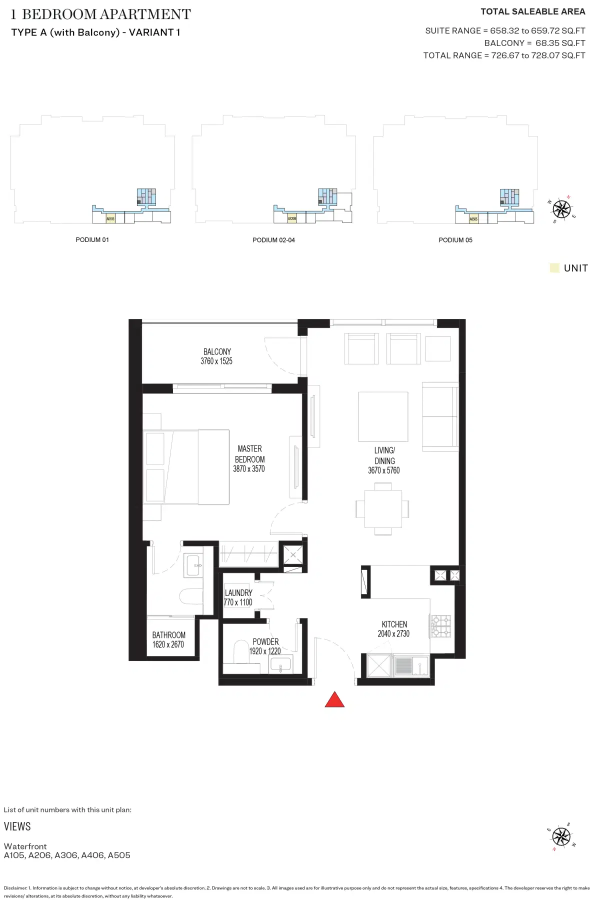 Sobha Crest Grande at Sobha Hartland, Dubai 1 Bedroom Apartments Floor Plan