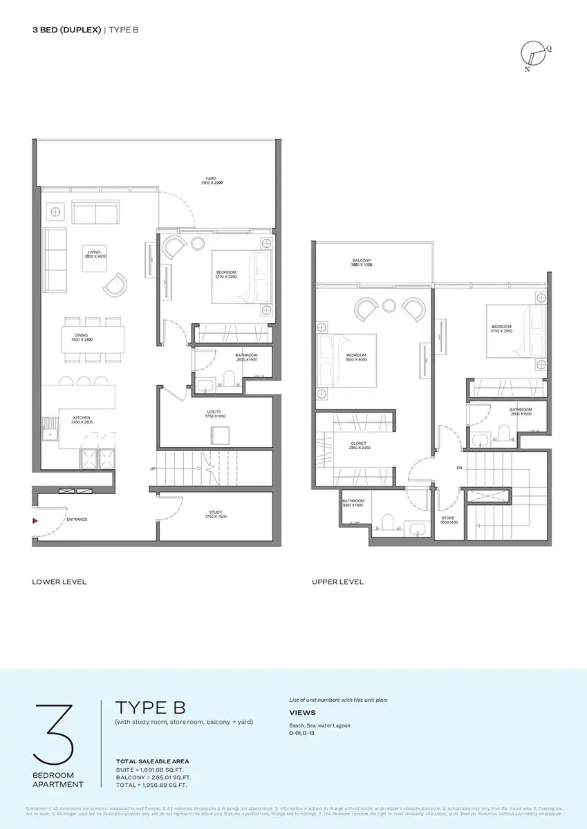 Sobha Selene Beach Residences Apartments at Siniya Island 3 BR Duplexes Floor Plan 1,956 Sq. Ft.