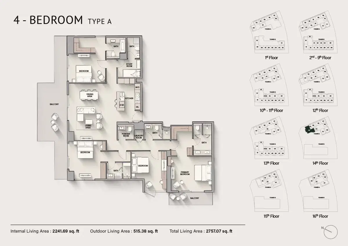 Ellington The Hillgate at Dubai Silicon Oasis Ellington The Hillgate 4 BR Apartment + Study Floor Plan 2,757 Sq. Ft.