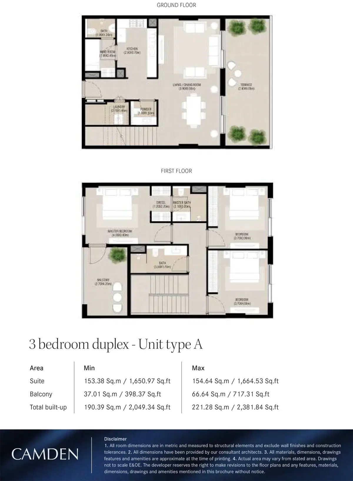 Nshama Camden Apartments at Town Square Dubai 3 BR Floor Plan 2,381 Sq. Ft.