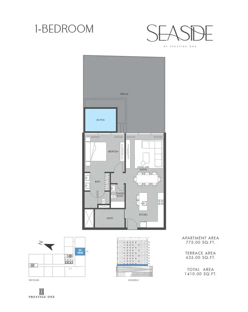 Prestige One Seaside Apartments at Dubai Islands 1 BR Floor Plan 1,410 Sq. Ft.
